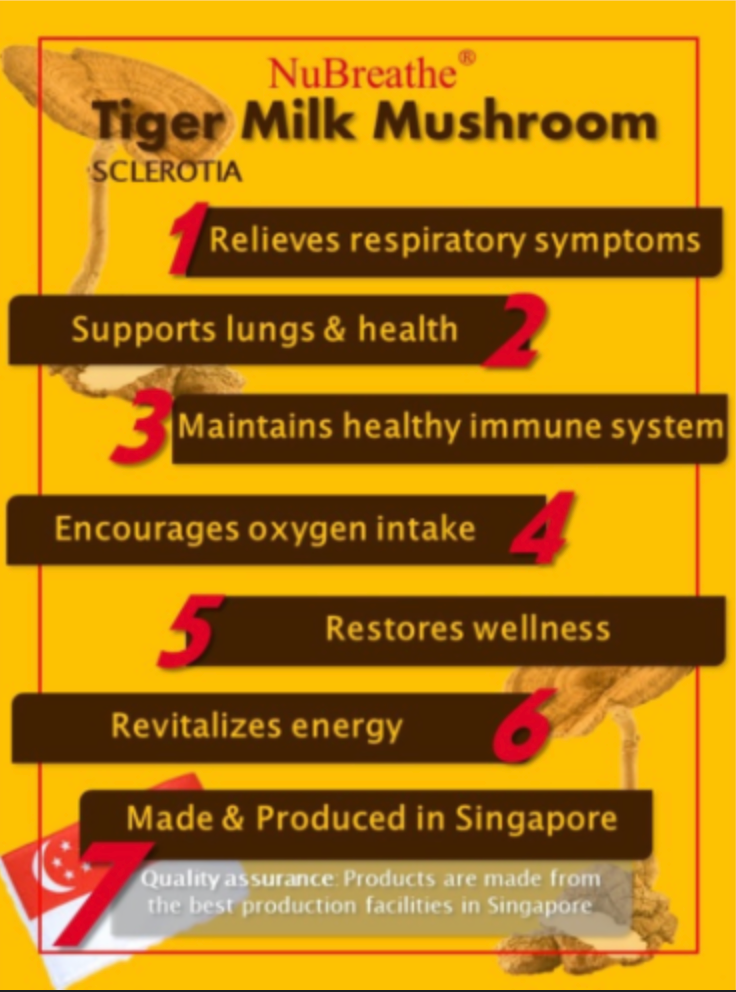 Nubreathe Authentic Tiger Milk Mushroom 虎乳芝 48 CAPS Support Lungs & Health 支持肺部功能和健康 (Made in Singapore 新加坡产品 )
